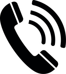 A black and white illustration of a telephone receiver with signal waves emanating from the top right