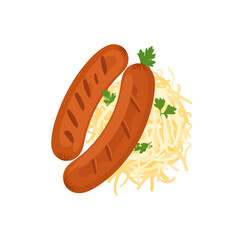 Two plump grilled sausages with grill marks served on a bed of sauerkraut and garnished with fresh parsley.