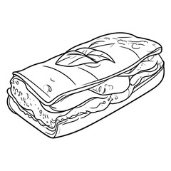 Monochrome line art illustration of a layered lasagna slice, garnished with fresh basil leaves on top.
