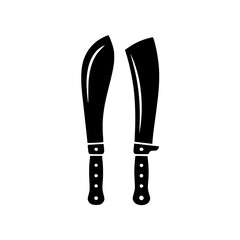 Naklejka premium Pair of Machetes: A bold black and white illustration showcases two machetes, one with a guard, set against a clean white background. Simple, graphic design.