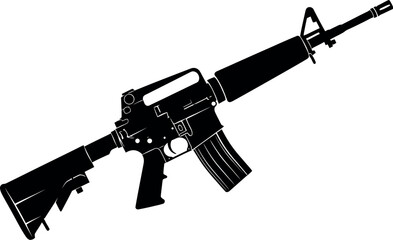 A black and white graphic illustration of an assault rifle on a white background at an angle view