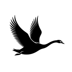 Fototapeta premium Elegant Swan in Flight: A striking monochrome illustration of a swan gracefully soaring, showcasing its elegant silhouette and outstretched wings against a white backdrop.