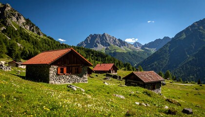 Alpine huts nestled in a grassy valley