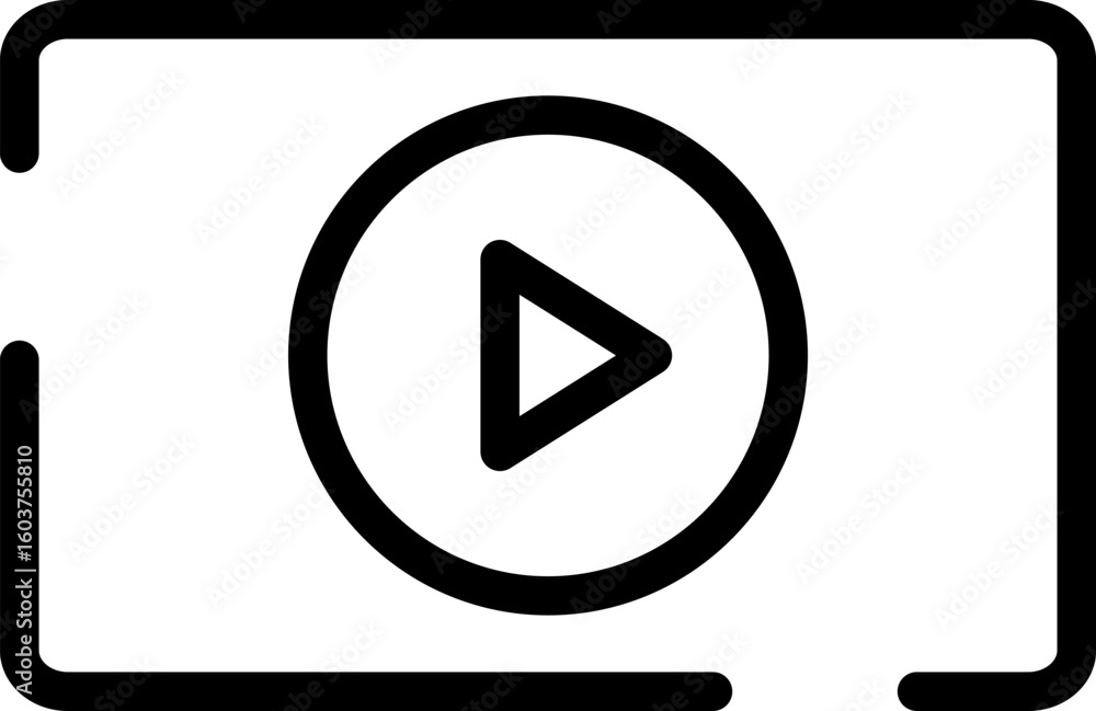 Poster black line icon of a play button inside a video frame