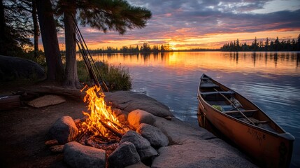 Serene lakeside sunset with fire and canoe by the shore.