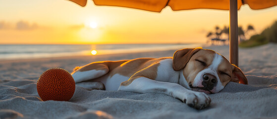 dog sleeping under beach umbrella summer background