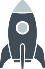 A cartoon rocket ship with gray and black colors launching upward with smoke on a white background view