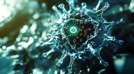 Nanobot injecting antiviral agent directly into virus core in extreme close-up 
