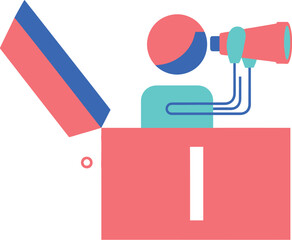 A cartoon figure looking through a telescope emerging from a box with the lid open on a white background