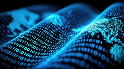 Abstract representation of digital data flow with binary code and maps.