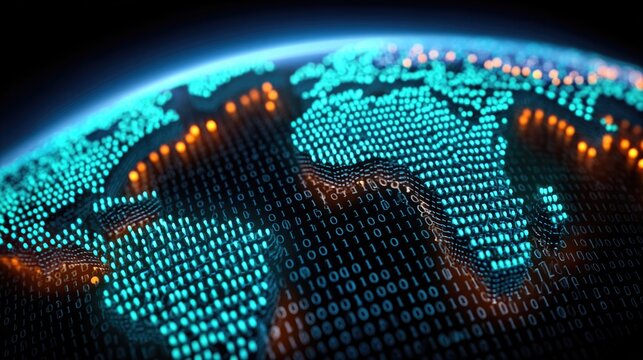 Digital globe with binary code representing global connectivity.