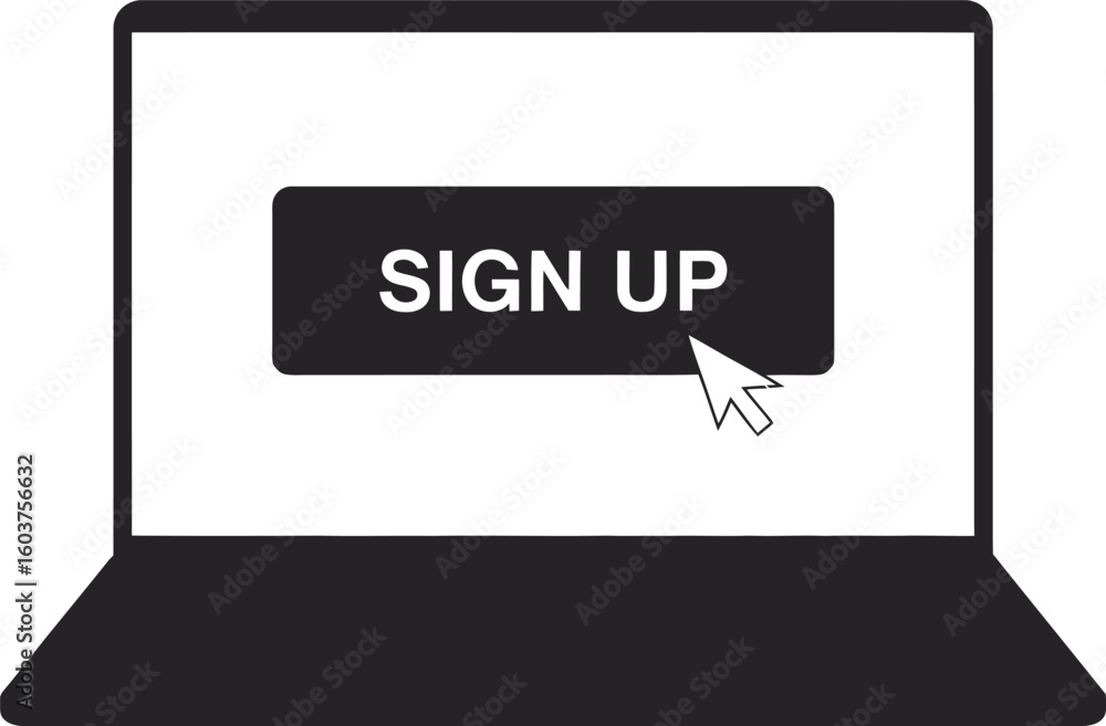 Poster laptop screen displays a dark button with the text sign up and a cursor pointing to it