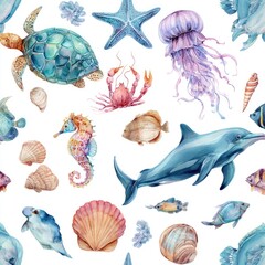 Fototapeta premium Watercolor seamless pattern of marine life