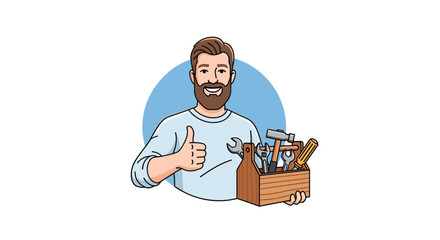 Skilled handyman offering reliable home repair services with a toolbox full of tools giving a thumbs up gesture