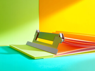 Obraz premium A metal paper cutter rests on a stack of colorful paper sheets including pink orange and yellow against
