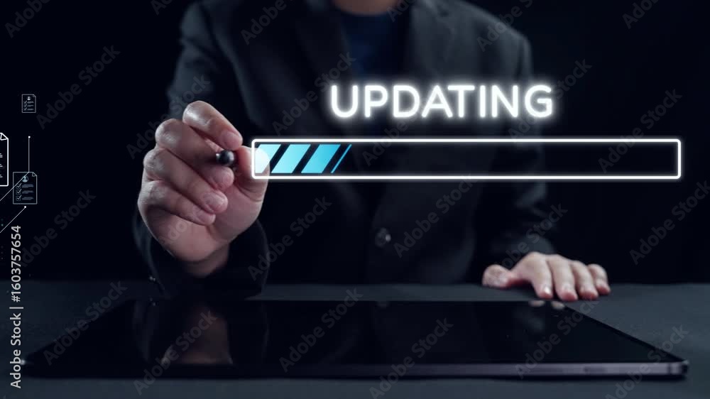 Poster a business professional interacts with a tablet showing a software update in progress, highlighted w