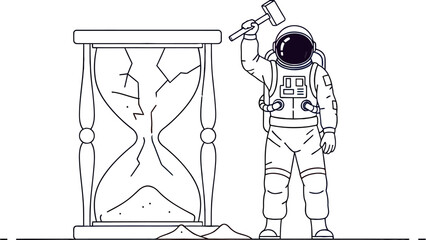 An astronaut in a spacesuit holding a hammer about to break a large cracked hourglass with sand inside it