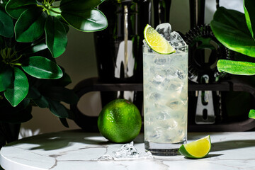 Crisp cocktail features vodka and ginger beer, garnished with lime and ice, perfect for summer...
