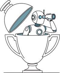 A robot inside a golden trophy looking through a telescope with the trophy lid slightly open above it