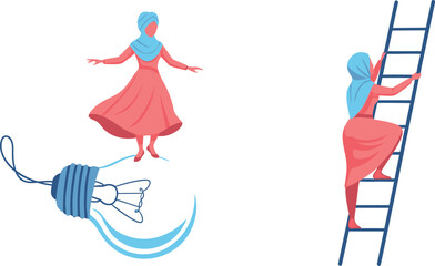 Illustration of a woman in hijab standing on a lightbulb and climbing a ladder on a white background