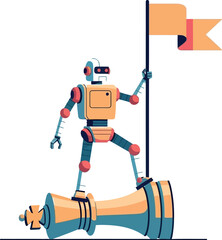 A robot standing on a chess piece holding a flag on a white background in a cartoon illustration