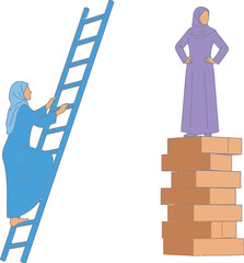 A woman climbing a ladder while another stands on a stack of bricks wearing a hijab and long dress