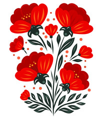 Vector red flowers and green leaves in folk art style for card and digital backgrounds. Decorative clip art with poppies