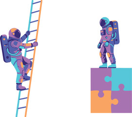 Two astronauts one climbing a ladder and the other standing on a puzzle block on a white background
