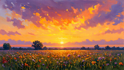 Crimson poppies dance in a summer meadow at sunset, a beautiful landscape of nature's vibrant blossoms under a vast blue sky