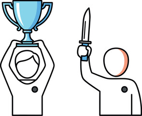 Two figures one holding a trophy and the other holding a knife up in the air on a white background