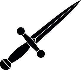 A black and white graphic illustration of a dagger with a round pommel and guard on a white background