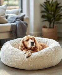 A happy golden-brown retriever dog blissfully sleeps in a plush white dog bed, embodying ultimate comfort and relaxation in a cozy home
