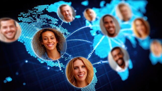 Global network of diverse people connected digitally.