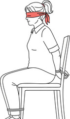 A woman with a blindfold sitting on a chair with her hands and legs tied in a white background scene