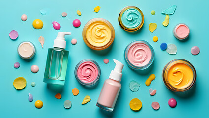 Colorful birthday candles on a white background with a vibrant assortment of isolated medical pills and a blue liquid bottle