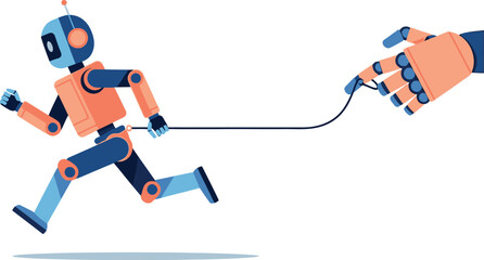 A cartoon robot running being pulled by a robotic hand with a cord on a white isolated background