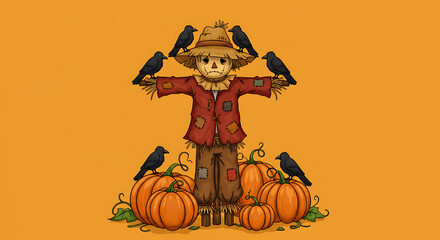 Charming Autumn Scene A Delightful Cartoon Scarecrow Guarding a Pumpkin Patch, Perfect for Fall Decorations and Seasonal Greetings