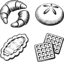 Hand drawn sketch of assorted baked goods including croissants waffles tart and bread