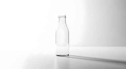 A transparent bottle casts a long shadow against a white backdrop minimalist aesthetic and clean lines. The bottle stands alone creating a sense of simplicity and focus on the object itself.