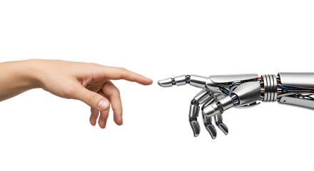 Human and robot hands reaching out to each other on transparent background