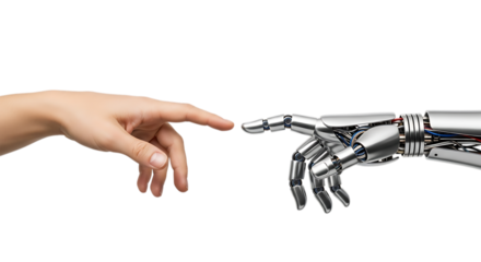 Human and robot hands reaching out to each other on transparent background