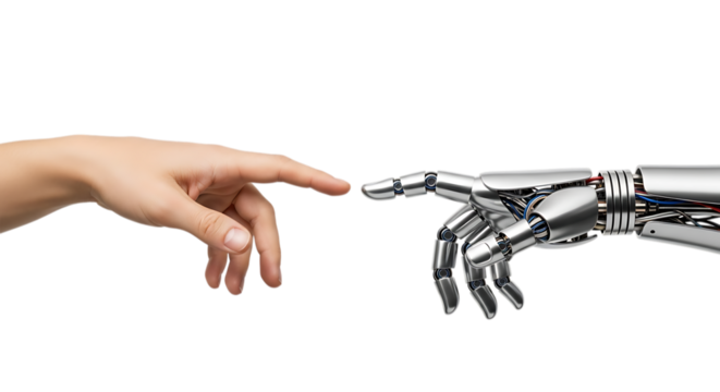 Human and robot hands reaching out to each other on transparent background