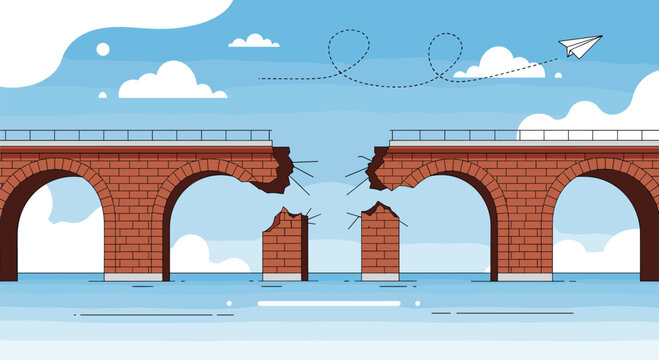 The broken bridge connects two sides of a frozen river under a cloudy sky with birds flying