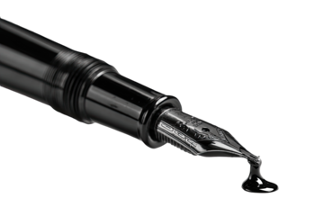 Close-up of a black fountain pen nib with ink drip
