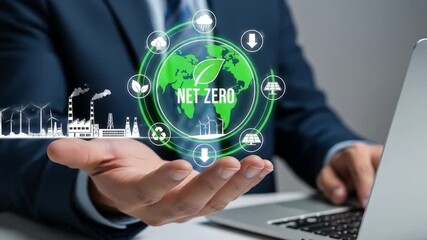 A person in a suit using a laptop with a net zero graphic hovering over their hand showing icons - Powered by Adobe