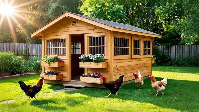 Beautiful wooden chicken coop in a backyard with flower boxes and chickens walking on grass at sunrise