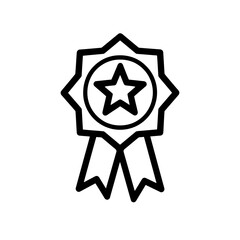 Simple linear representation of an award badge featuring a star within a circle and ribbon. Concept for recognition symbol, achievement icon and victory emblem
