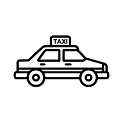 Black outline of taxi cab with a 'TAXI' sign on top in minimalist design, concept for transportation app logo, traffic illustration and public service graphic.