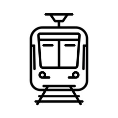 Monochrome line art depicts front view of stylized train on tracks, concept for public transportation system, urban planning and transportation infrastructure.