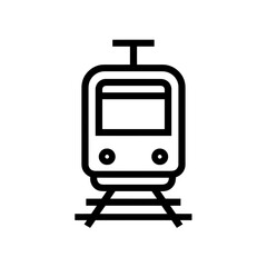 Front view of a train icon on railway tracks in simple line art, concept for transportation design, public transit signage and tourism applications